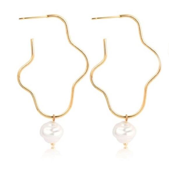 Gold Wavy Hoop Earrings with Pearl Charm - Picture 1 of 2